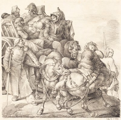 Vagn fylld med sårade soldater (Chariot charge de soldats blesses) av Theodore Gericault
