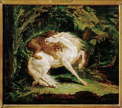Cheval attaque par un lion - en häst attackerad av ett lejon, efter en etsning av Laurie och en målning av George Stubbs ... av Theodore Gericault