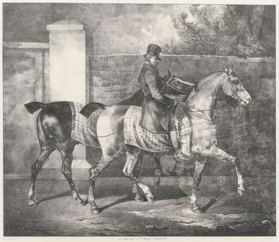 Två hästar som rids av en jockey (A Groom Exercising Two Horses) av Theodore Gericault