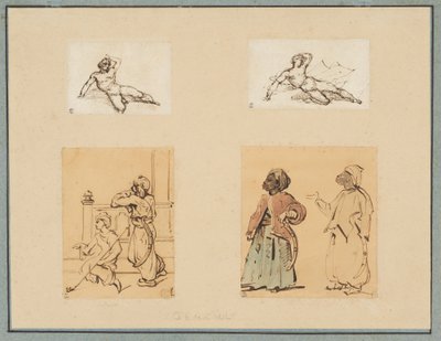 Fyra teckningar: Två liggande manliga nakenstudier och två studier av ottomanska figurer av Theodore Gericault