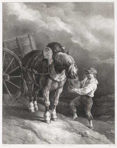 Pojke som matar havre till en uppspänd häst (A Boy Giving Oats to a Hitched Horse) av Theodore Gericault