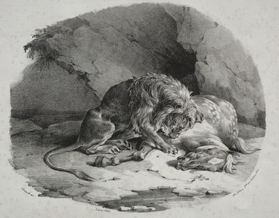 Häst slukade av ett lejon av Theodore Gericault