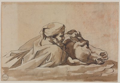 Man som håller fast en häst i vatten, efter Poussins "flod" (Recto) av Theodore Gericault