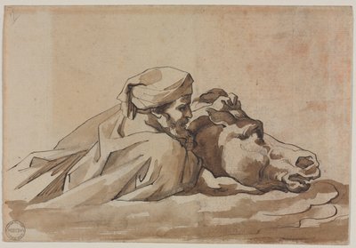 Man som håller i en häst i vatten, efter Poussins "Syndafloden" (recto), ca 1816 (penna och brunt bläck samt pensel och brun lavering över grafit) av Theodore Gericault