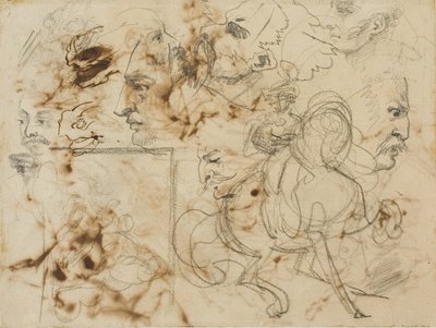 Skisser av människors ansikten, hästars mungipor och beridna soldater av Theodore Gericault