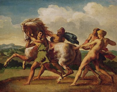 Slavar som stoppar en häst, studerar för "The Race of the Barbarian Horses", 1817 av Theodore Gericault