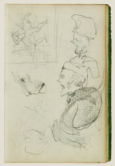 Studier av lejon, kompositionell gruppstudie av figur, två karikatyrstudier av huvud av Theodore Gericault