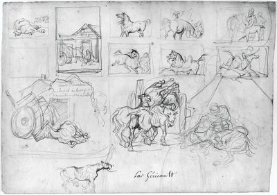 Avbildning av hästar (framsidan); En vagn med en skyltbärare i släptåg (baksidan) av Theodore Gericault