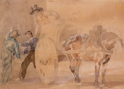 Tre män som lossar en vagn (akvarell över spår av penna på papper) av Theodore Gericault