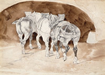 Tre tunga hästar i sele (penna- och sepiatvätt) av Theodore Gericault
