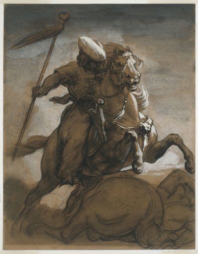 Turkisk kavaljer i strid, ca 1818 (brun tvätt, förhöjd med gouache på papper) av Theodore Gericault