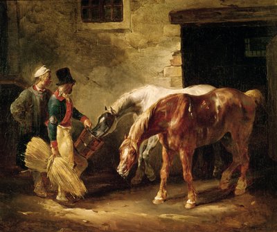 Två stolphästar vid dörren till ett stall av Theodore Gericault