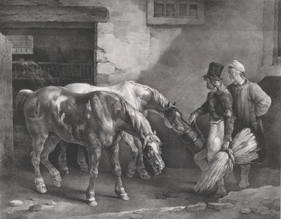 Två stolphästar vid dörren till ett stall, 1822. av Theodore Gericault