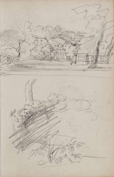 Utsikt över ett lanthus samt studier av buskar och lövverk av Theodore Gericault