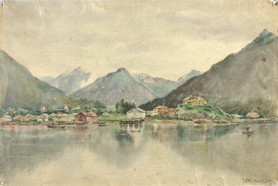 Sitka från öarna, visar det ryska slottet, 1888. av Theodore J. Richardson
