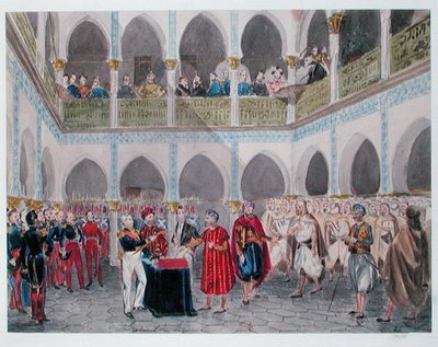 Investiture of the Bey of Algiers av greve Bertrand Clausel (1772-1842) 1835 (akvarell på papper) av Theodore Leblanc