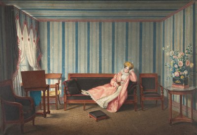 Kvinna i rosa liggande på en kanape, 1819. av Theodore Lebrun