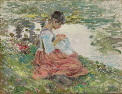 Girl Sewing by River, c.1891 av Theodore Robinson