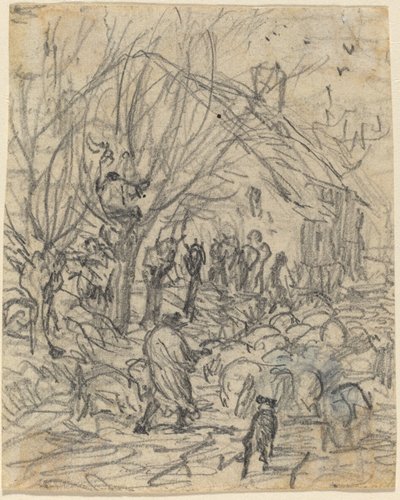 En flock får före en bondgård av Theodore Rousseau