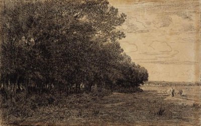 En liten grupp höga träd vid Macherin-skogen av Theodore Rousseau
