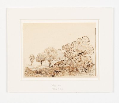 Landskap med stuga under höga träd av Theodore Rousseau