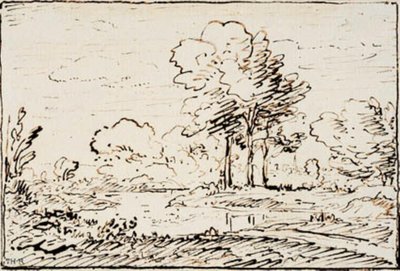 Landskap med tre höga träd vid en flodbank av Theodore Rousseau
