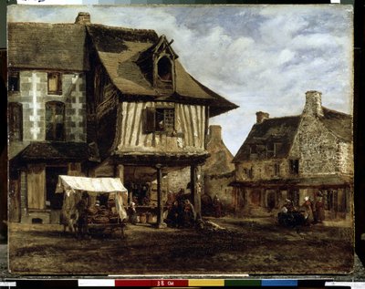 Marknadsplats i Normandie (korsvirkeshus) (Marknadsplats i Normandie). Målning av Theodore Rousseau (1812-1867). Olja på trä, 29,5 x 38 cm, ca 1830. Fransk konst från Barbizon. Eremitagemuseet, Sankt Petersburg. av Theodore Rousseau