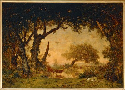 Utgång från skogen vid Fontainebleau, solnedgång... av Theodore Rousseau