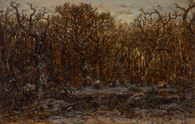 Skog vid solnedgången på vintern av Theodore Rousseau