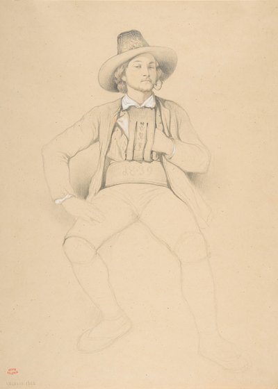 En man i tyrolsk kostym, sittande och röker en pipa, 1842. av Theodore Valerio