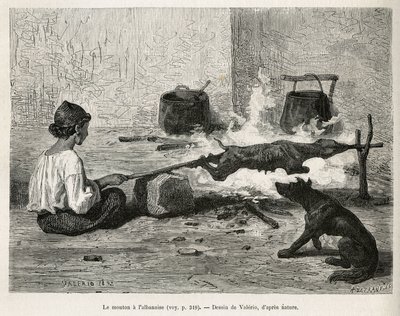 En ung montenegrin som steker ett får med albanen, sitter framför brasan och vrider hela tiden på tränålen. Gravyr efter Valerios teckning, för att illustrera resan till Dalmatien, av Charles Yriarte, 1874, publicerad i "" Le tour du mon av Theodore Valerio