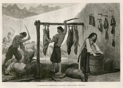 Beredningen av castradina, specialitet av kött av får och get saltat och bucanee, mot slutet av oktober, i Dalmatien (Istrien och Hercegovina (Kroatien)), teckning av Valerio, för att illustrera resan till Montenegro, 1874, av Charles Yriarte av Theodore Valerio