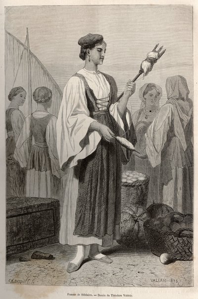 Kvinna från Sebenico (Serbien), som använder spindlar för att spinna ull, på torget. Gravyr efter ritningen av Theodore Valerio, för att illustrera en berättelse om Dalmatien, av Charles Yriarte, 1874, publicerad i "" Le tour du monde""" 1876, redigerad av av Theodore Valerio