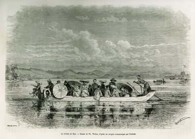 En båt på floden Hue (Vietnam), teckning av Th. Weber, för att illustrera historien om åtta dagars ambassad i Hue (Kingdom of Annam), 1875, av Mr. Brossard de Corbigny, löjtnant (N), knuten till uppdraget. Gravyr i Le tour du monde av Theodore Weber