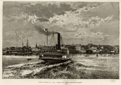 Ankomst till Victoria, Kanada. Gravyr av Th.Weber, för att illustrera berättelsen ""Transcanadien och Alaska"" av E.Cotteau, 1890, i Le tour du monde, nouveau journal des voyages, redigerad av Edouard Charton (1807-1890), 2:a terminen 1891 , upplaga Hachet av Theodore Weber
