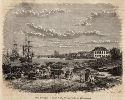 La rade de Saigon, gravyr efter en teckning av T. Weber, som illustrerar resan till Cochinchina, av doktor Morice, 1872, publicerad i "" Le tour du monde""" 1875, redigerad av Edouard Charton, Hachette-upplagan, Paris. Selva samling. av Theodore Weber