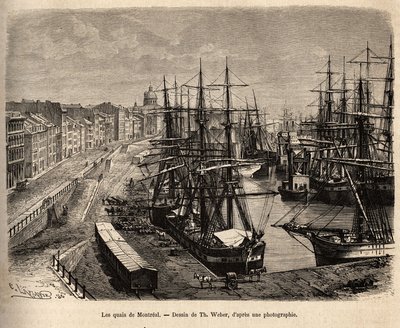 Les quais de Montreal, gravyr efter teckning av Th. Weber, som illustrerar utflykten till Kanada och Riviere Rouge du nord, av H. De Lamotte, 1873, publicerad i "" Le tour du monde""" 1875, redigerad av Edouard Charton, Hachette-upplagan, Paris. Selv av Theodore Weber