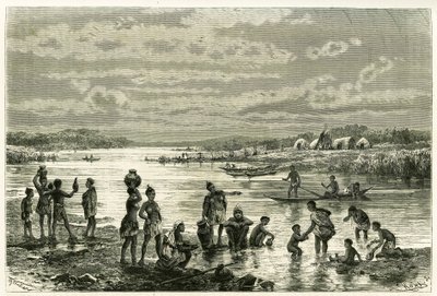 Livet på stranden av floden Zambeze, marutserna är mycket bekymrade över sin renhet och tvätt för dem är en aktivitet av första nödvändighet. Gravyr av Th. Weber, för att illustrera berättelsen "Au pays des Marutses", 1875-1879, av Dr. Emile Holu av Theodore Weber