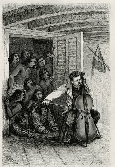 Porträtt av resenärens författare, spelar cello och lockar en publik av nyfikna. Gravyr av Th.Weber, för att illustrera berättelsen "" Les Iles Wallis"", av Dr. Emile Deschamps, läkare major vid 80:e infanteriet. Publicerad i Le Tour du monde, nou av Theodore Weber
