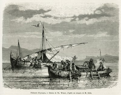 Svampfiskare i Nafpliobukten, teckning av The. Weber, för att illustrera historien om en resa till Grekland 1861, 1868 och 1874, av Henri Belle. Gravyr i Le tour du monde av Theodore Weber