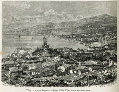 Staden Jalta, hämtad från Massandra, teckning av Th.Weber, för att illustrera berättelsen Fyra månader i Ryssland, 1876, av F. De Mely. Gravyr i Le tour du monde av Theodore Weber