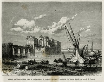 Sjöborgen Sidon före bombardementet 1840. Gravyr av Th. Weber, för att illustrera berättelsen La Syria d