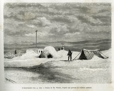 Det meteorologiska observatoriet installerades i bukten Koljutschin (polcirkeln), medan fartyget La Vega fångades i isen och besättningen förberedde sig för övervintring. Gravyr av Th.Weber, för att illustrera berättelsen "" resan av Vega runt Asien a av Theodore Weber