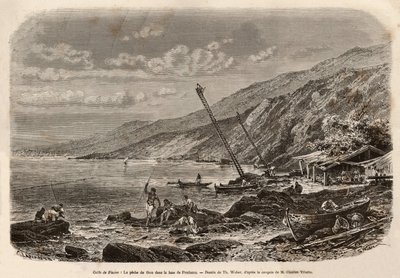 Tonfiskfiske i Proeluccabukten (Fiumebukten eller Rijeka, Istrien), utsikten över fiskbankerna sitter på hög fjäll och berättar för fiskarna om deras lag eller kastar sina nät längs kusten. Gravyr efter T.Webers teckning, för att illustrera en berättelse o av Theodore Weber