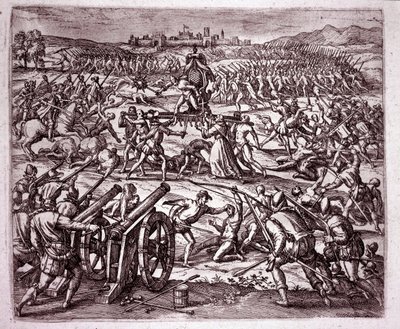 En dominikanmunk, som känner sig hånad av inkakungen Atahualpa (Atabaliba), uppmuntrar Francisco Pizarro att hämnas (gravyr av Theodore de Bry