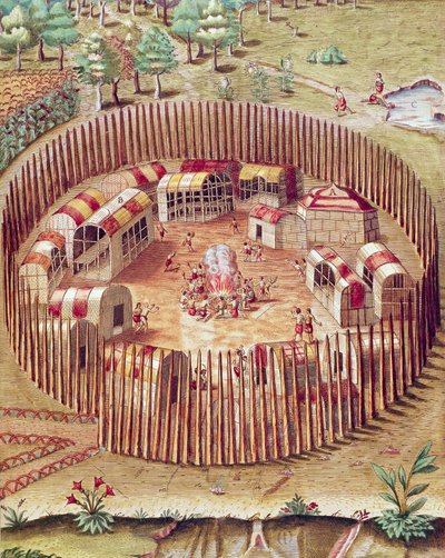 En Pomeiok indisk befäst by, Illustration från Admiranda Narratio, av Theodore De Bry av Theodore de Bry