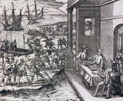 Avtal mellan Francisco Pizarro, Diego de Almagro och Hernando de Luque om att utforska och exploatera Peru av Theodore de Bry