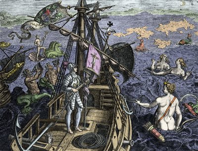 Allegorie des voyages de Christopher Columbus (1451-1506), gravyr från "Historia America sive Novi Orbis" av Theodor de Bry (1527-1598), Amsterdam 1594 av Theodore de Bry