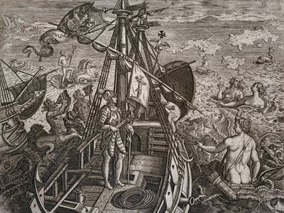 Allegori om Christopher Columbus resa till upptäckten av den nya världen, gravyr av Theodor de Bry (1528-1598) av Theodore de Bry