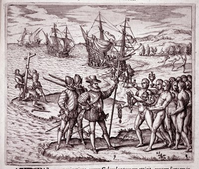 Ankomst av Christopher Columbus på ön Hispaniola i Västindien (gravyr av Theodore de Bry